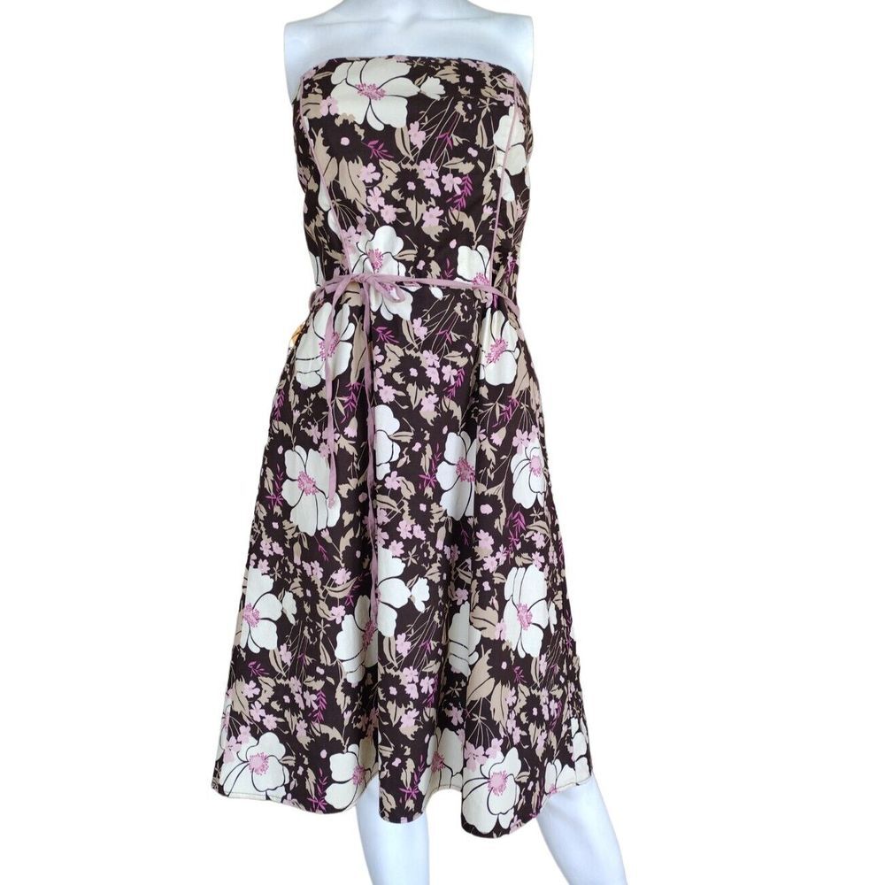 F.L.P.  Dress Woman‎ 15 Brown Cream Pink Junior Floral A Line Strapless Summer